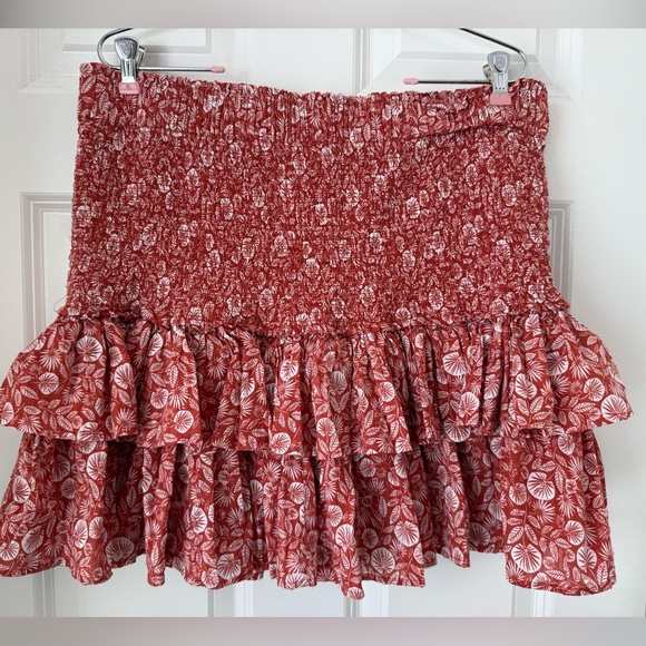 Loft Womens Terracotta Orange Leafy Floral Smocked Tiered Mini Skirt Sz XL - Picture 9 of 10